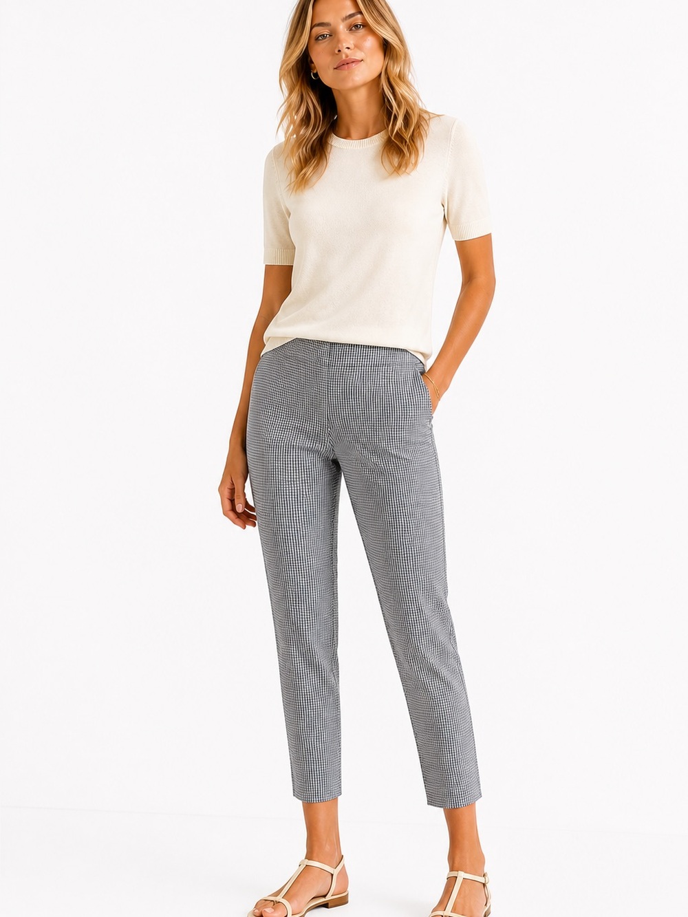 Rachel Zoe ankle trousers pants white silver grey plaid tartan flattering size 8